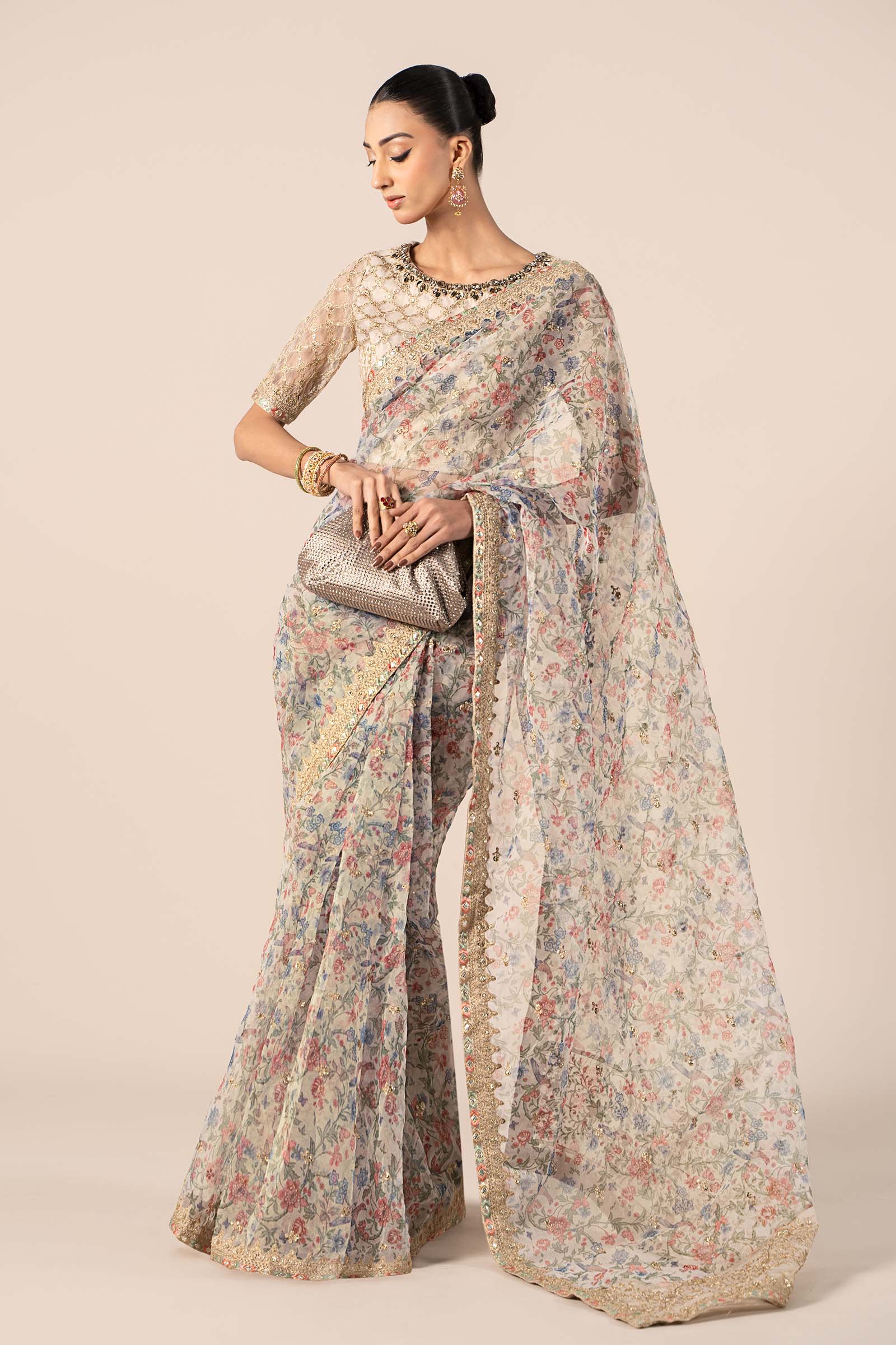 Embroidered Organza Saree SF-EF25-08-BEIGE