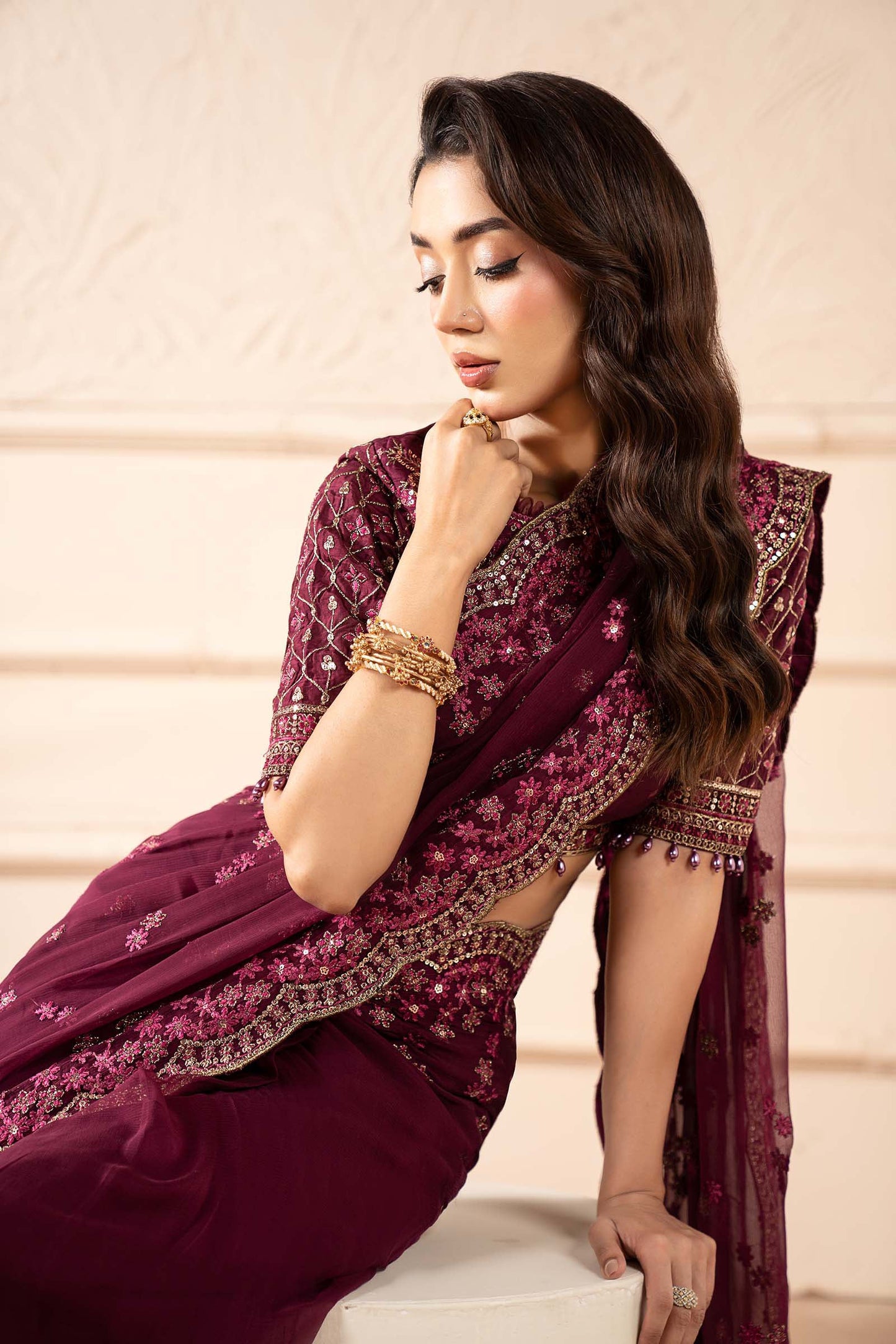 Embroidered Chiffon Saree SF-W25-36-Plum