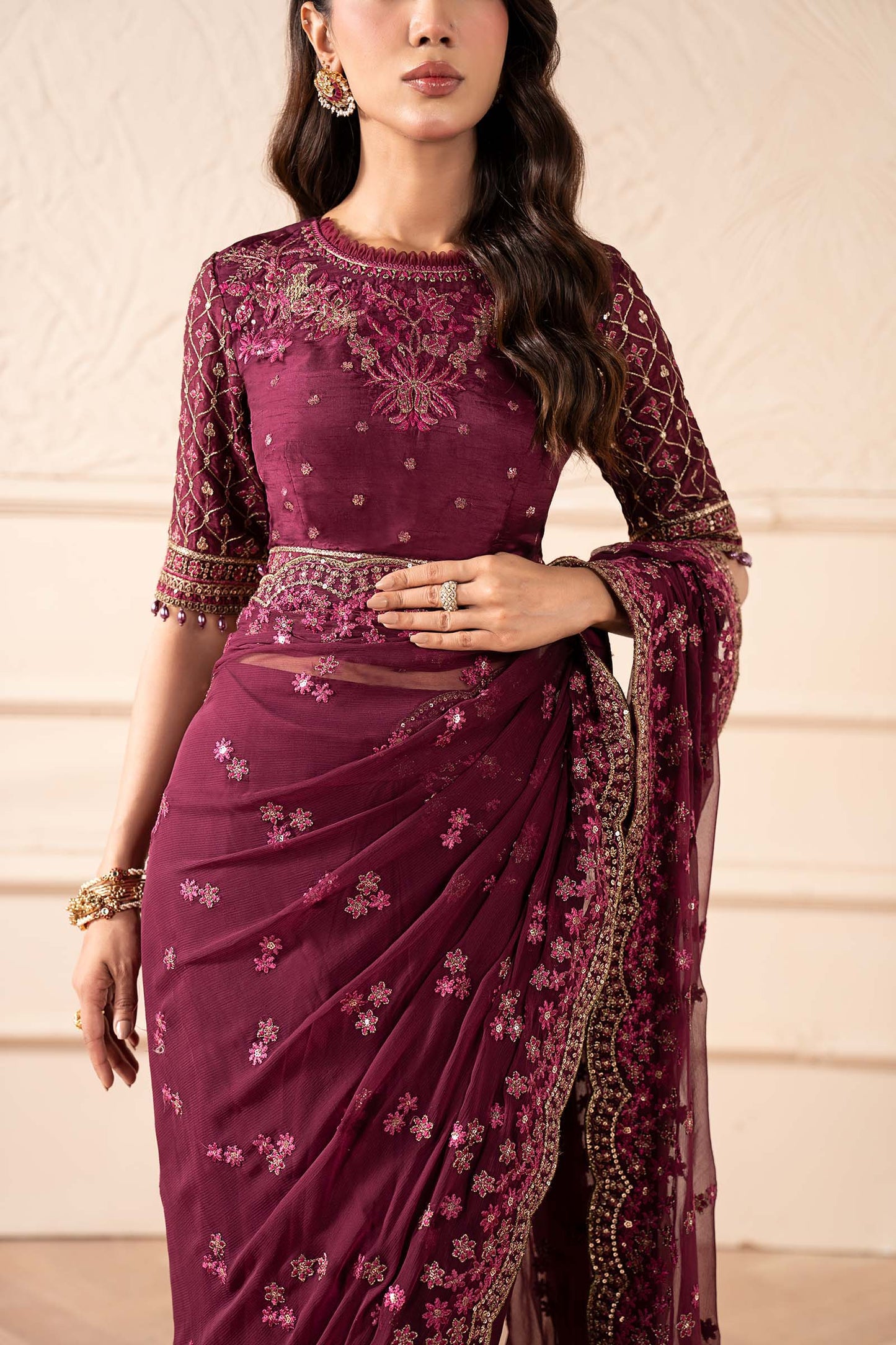 Embroidered Chiffon Saree SF-W25-36-Plum