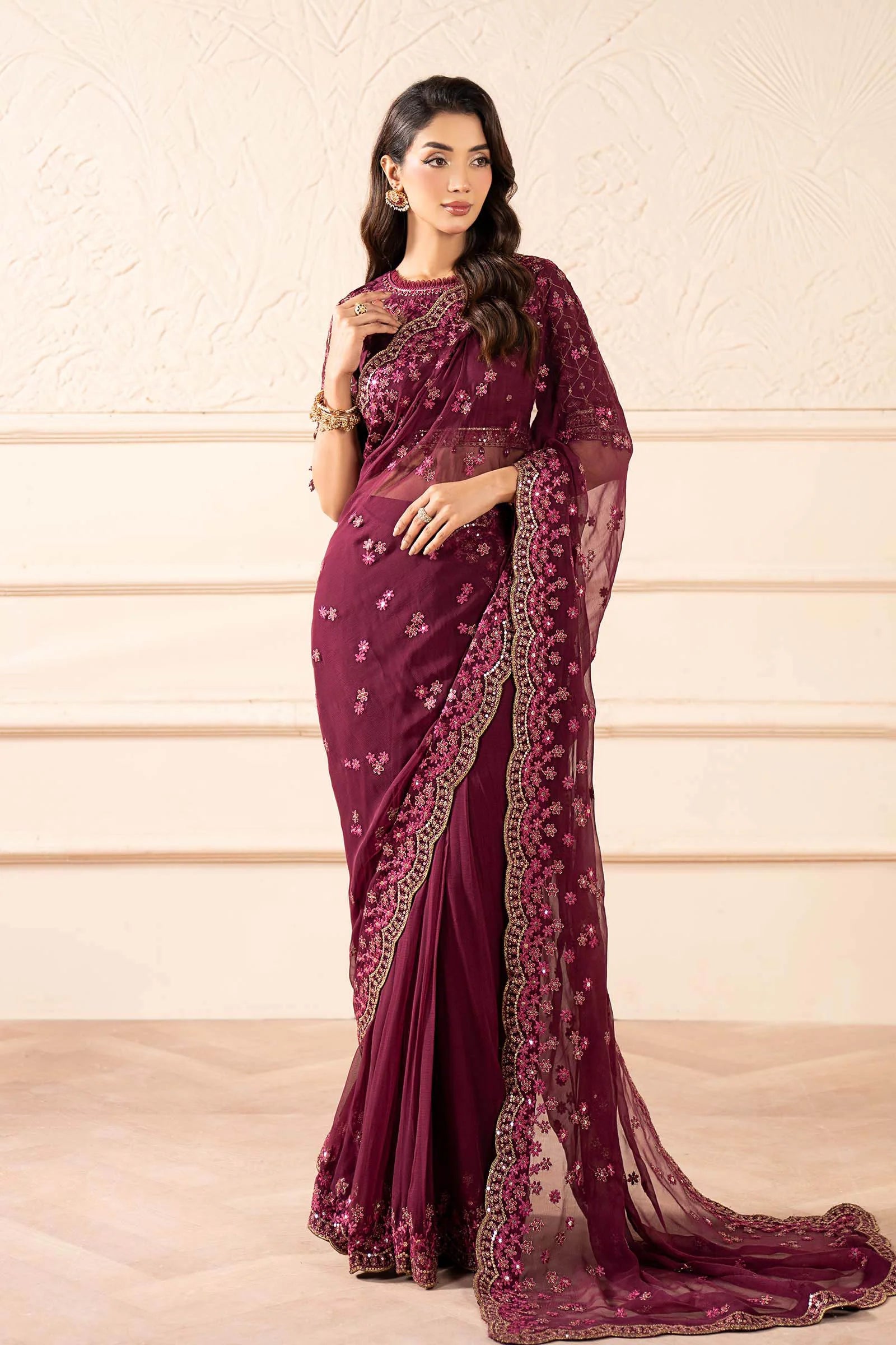 Embroidered Chiffon Saree SF-W25-36-Plum