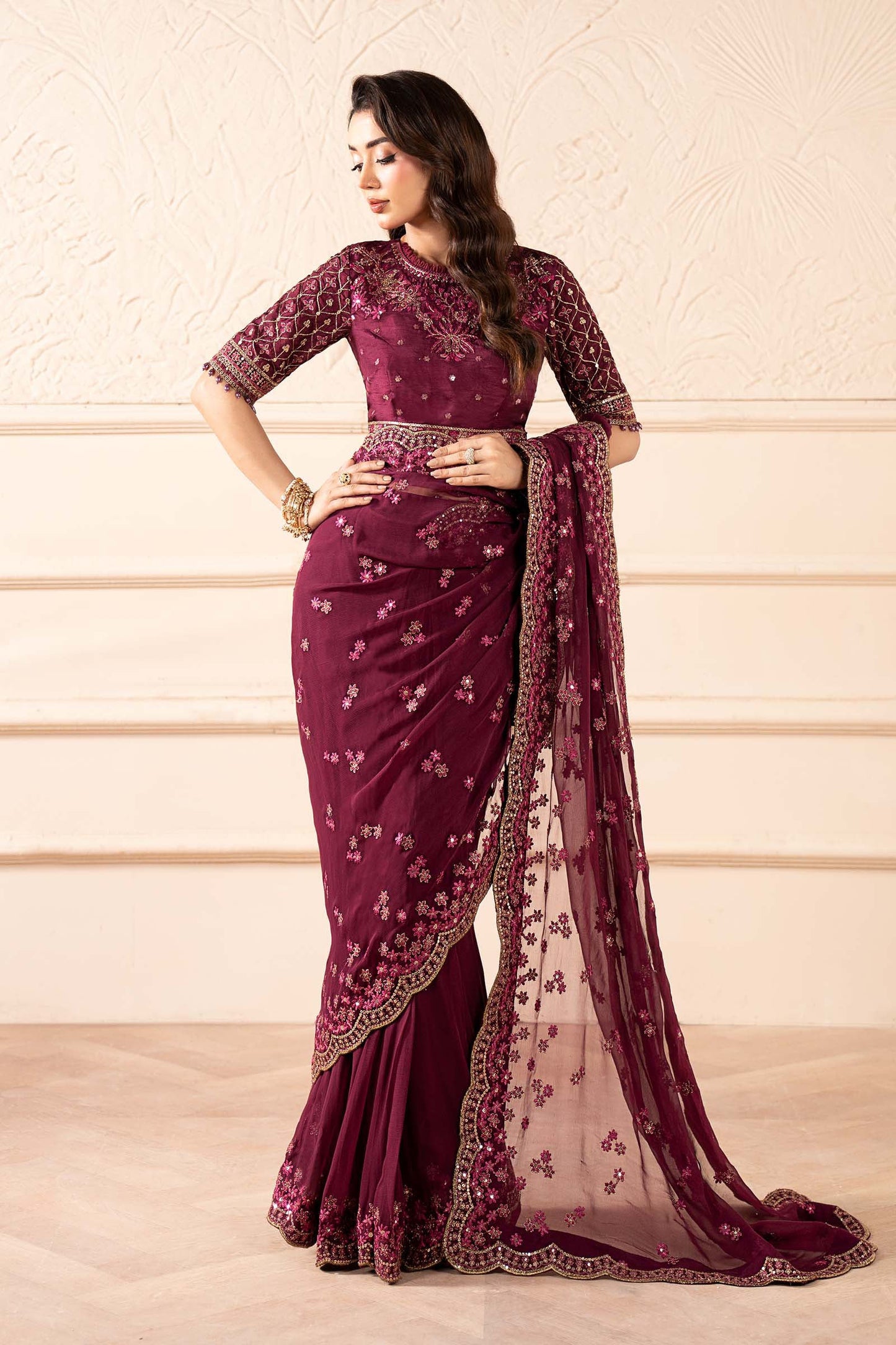 Embroidered Chiffon Saree SF-W25-36-Plum