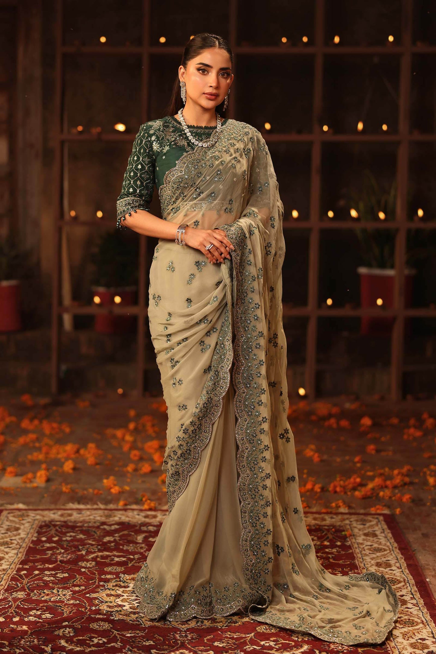 Embroidered Chiffon Saree SF-W25-36-Green